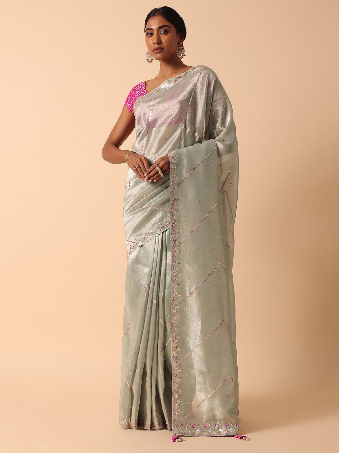 

KALKI Fashion Striped Sequinned Saree, Grey