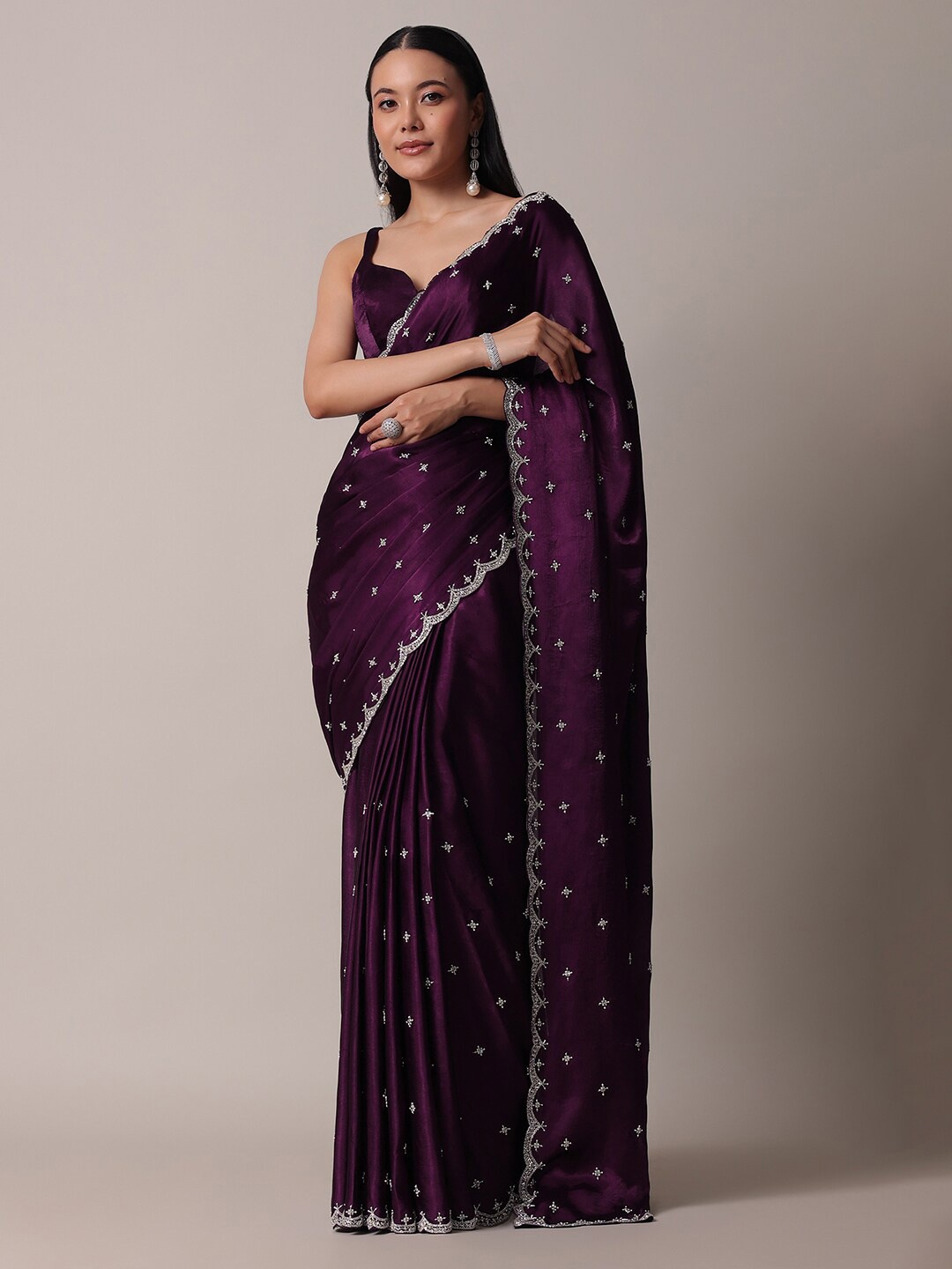 

KALKI Fashion Floral Beads and Stones Satin Saree, Purple