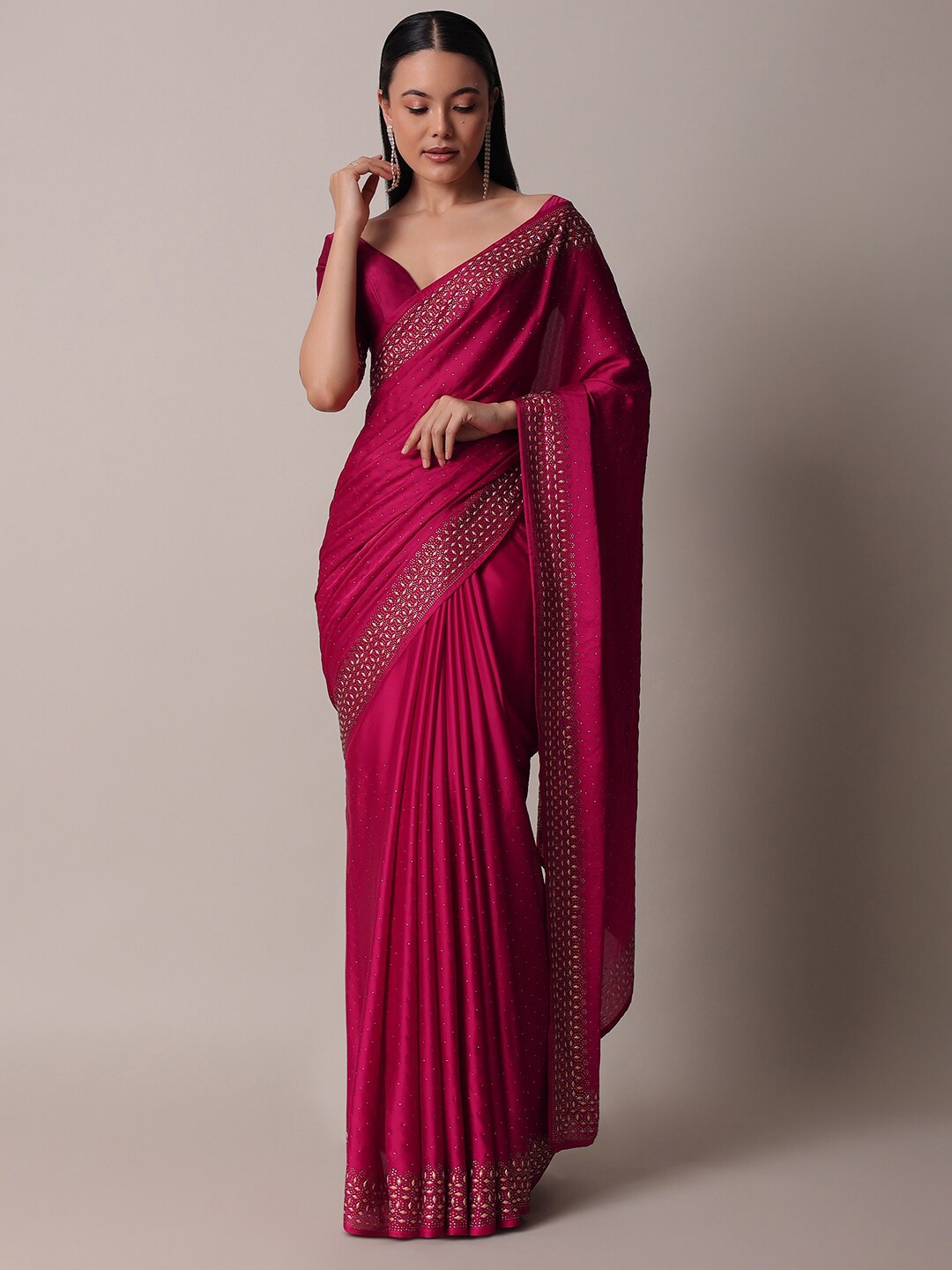 

KALKI Fashion Embellished Beads and Stones Satin Saree, Pink