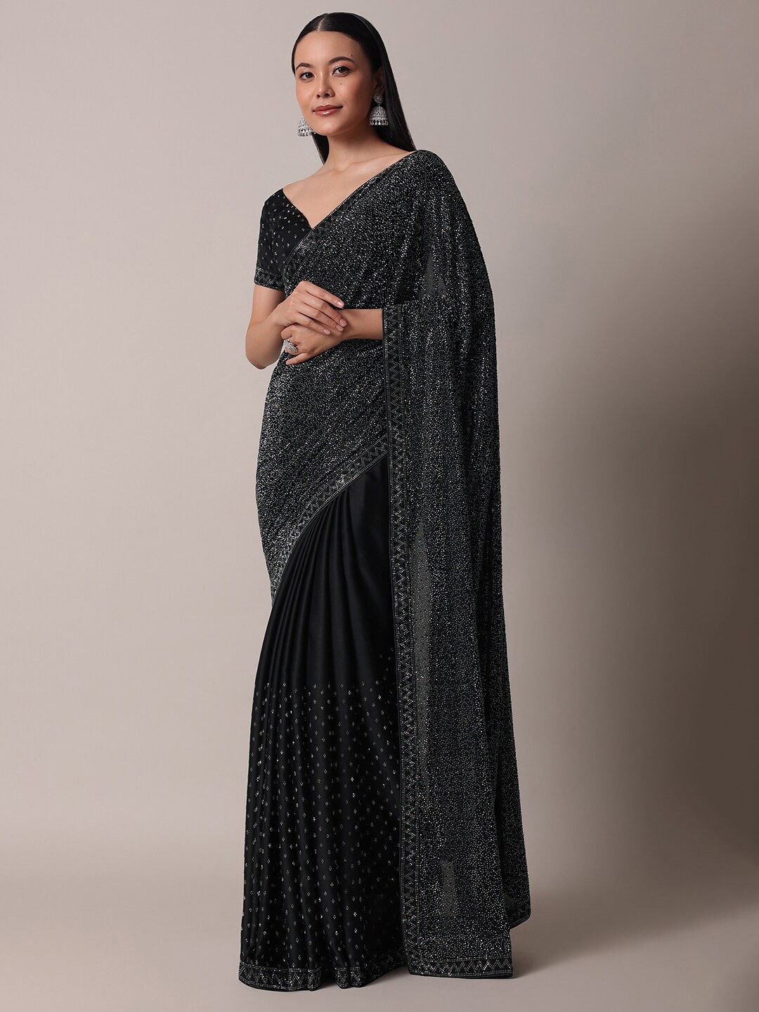 

KALKI Fashion Embellished Beads & Stones Satin Saree, Black