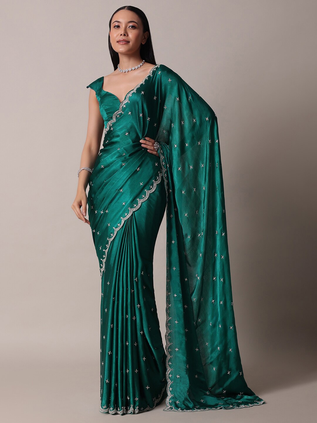 

KALKI Fashion Embellished Beads & Stones Satin Saree, Green