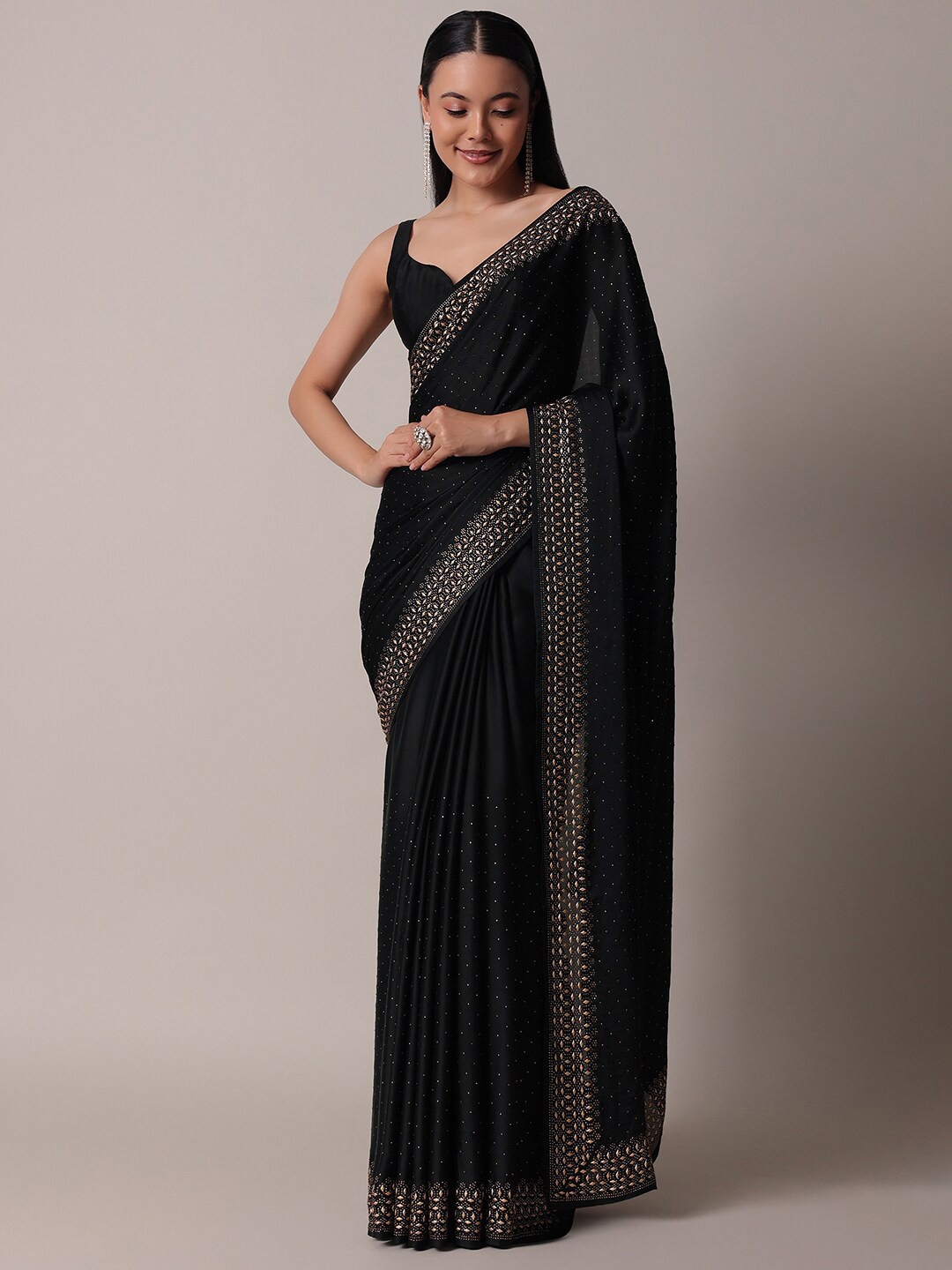 

KALKI Fashion Embellished Beads & Stones Satin Saree, Black