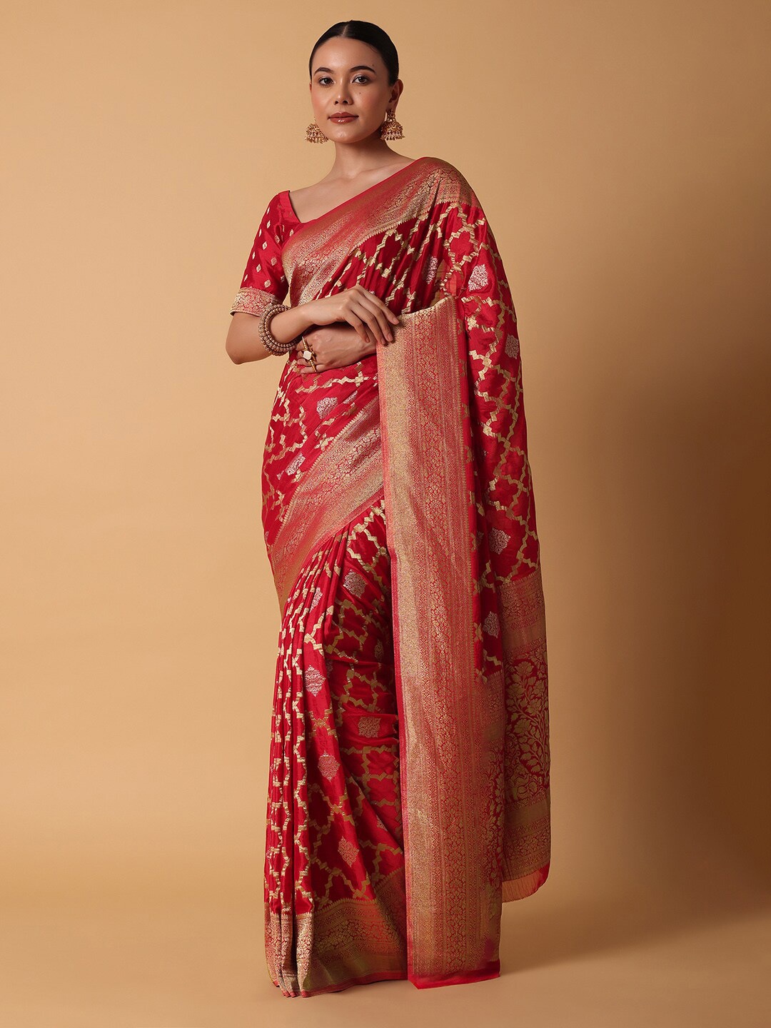 

KALKI Fashion Ethnic Woven Design Zari Satin Saree, Red