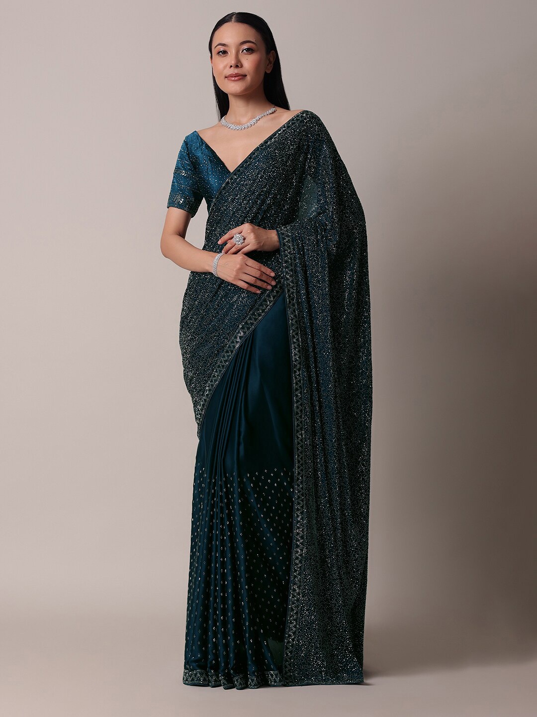 

KALKI Fashion Embellished Beads & Stones Satin Saree, Blue
