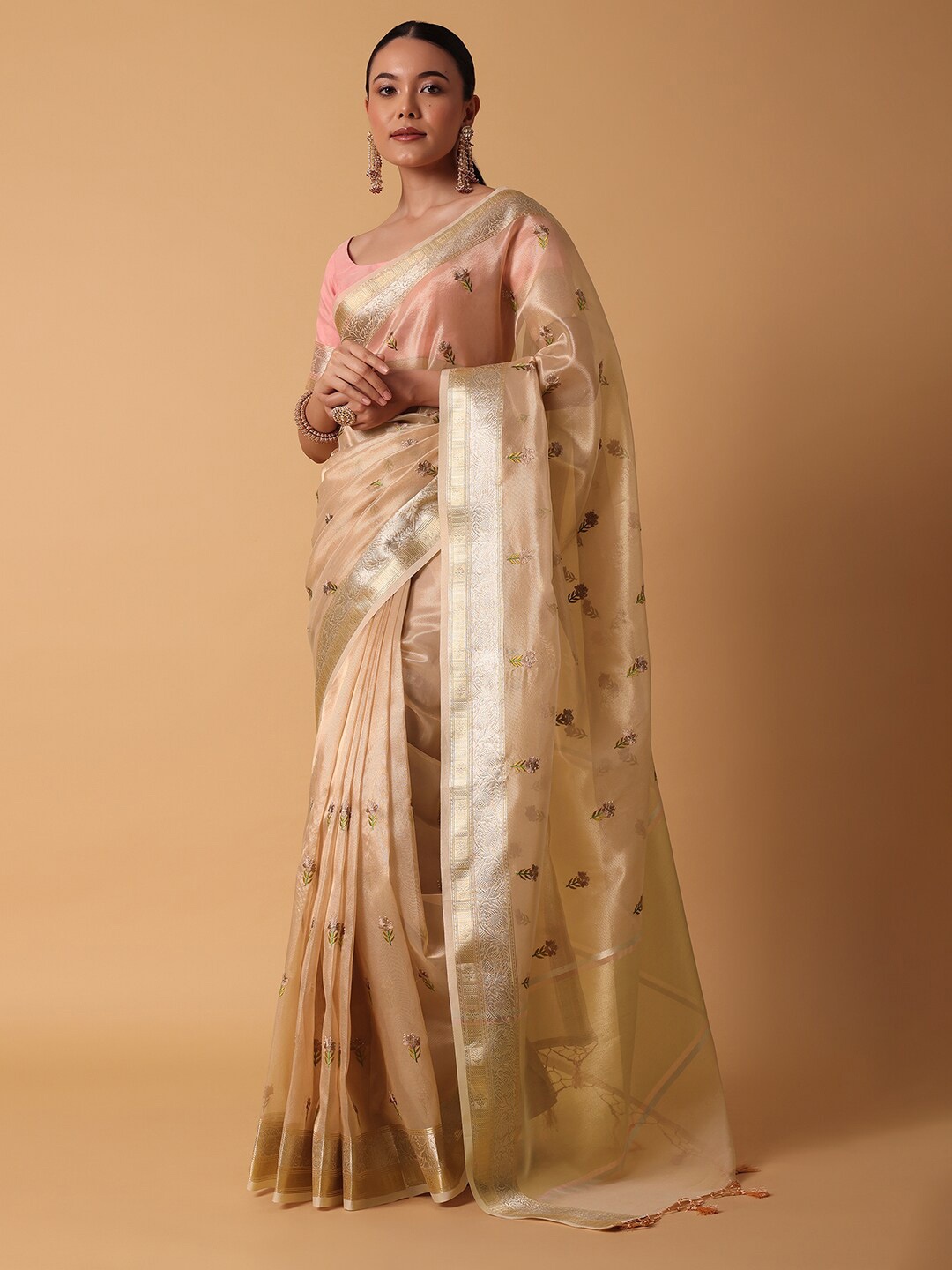 

KALKI Fashion Floral Embroidered Zari Chanderi Saree, Peach