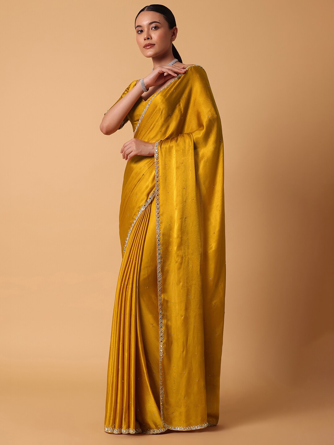 

KALKI Fashion Embellished Beads & Stones Satin Saree, Yellow