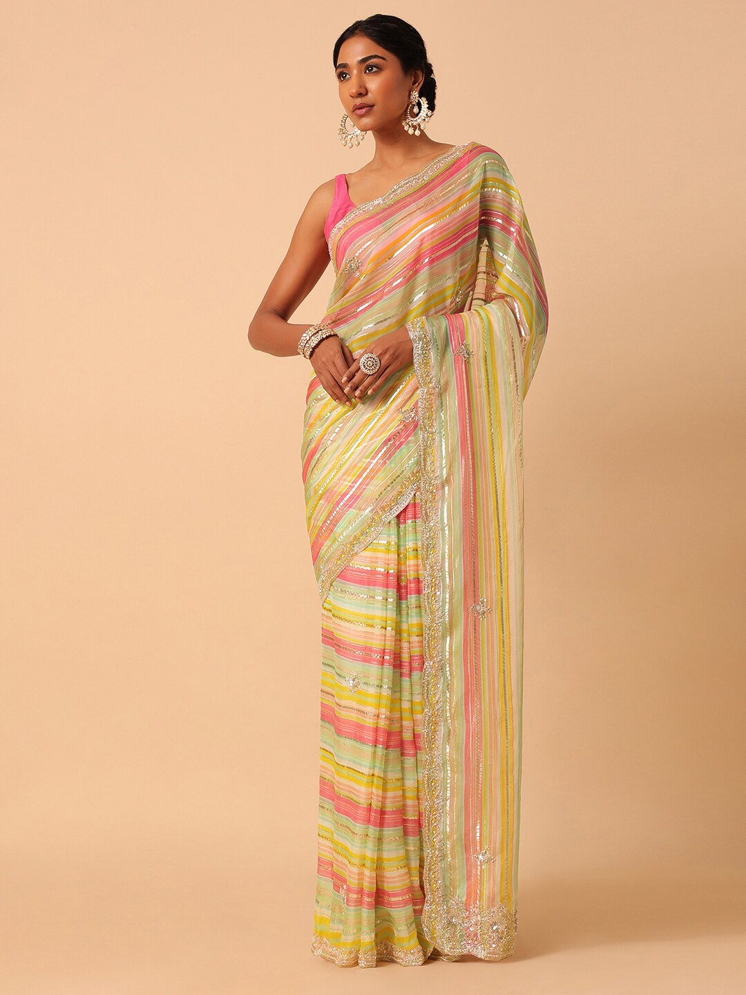 

KALKI Fashion Striped Sequinned Organza Saree, Green