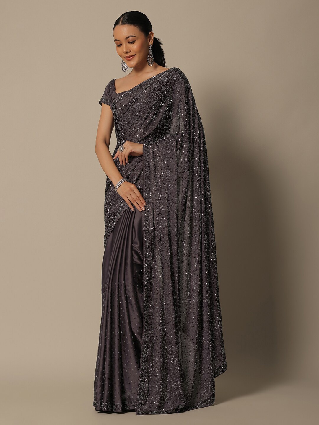 

KALKI Fashion Embellished Beads & Stones Satin Saree, Brown
