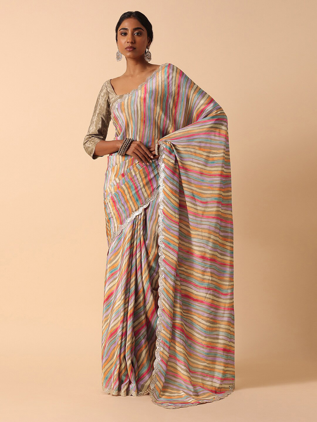 

KALKI Fashion Striped Mirror Work Satin Saree, Purple