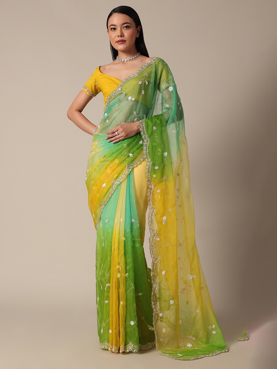 

KALKI Fashion Floral Embellished Sequinned Tissue Saree, Green
