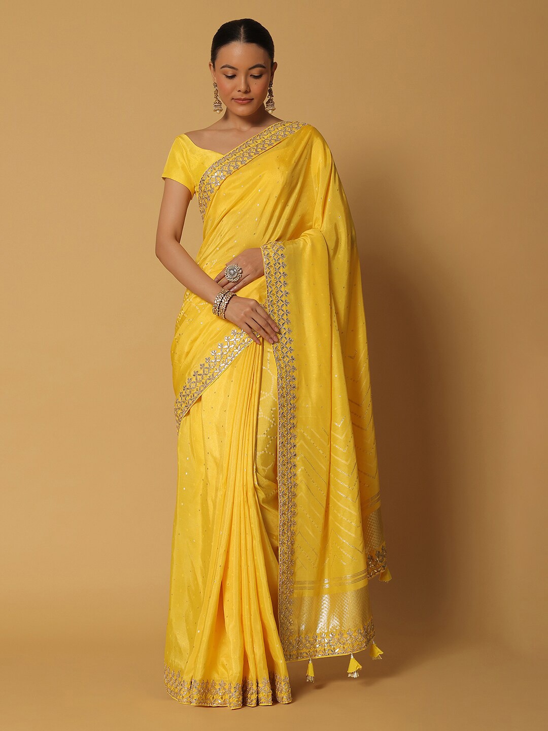 

KALKI Fashion Beads and Stones Embellished Satin Saree, Yellow