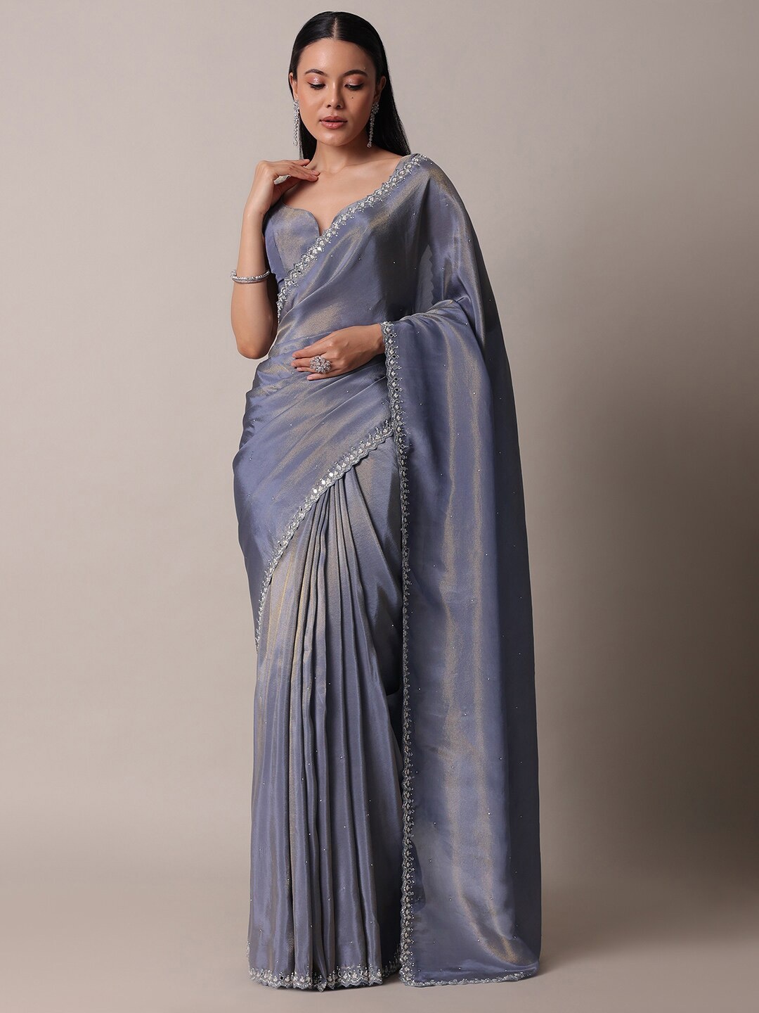 

KALKI Fashion Embellished Beads and Stones Tissue Saree, Grey
