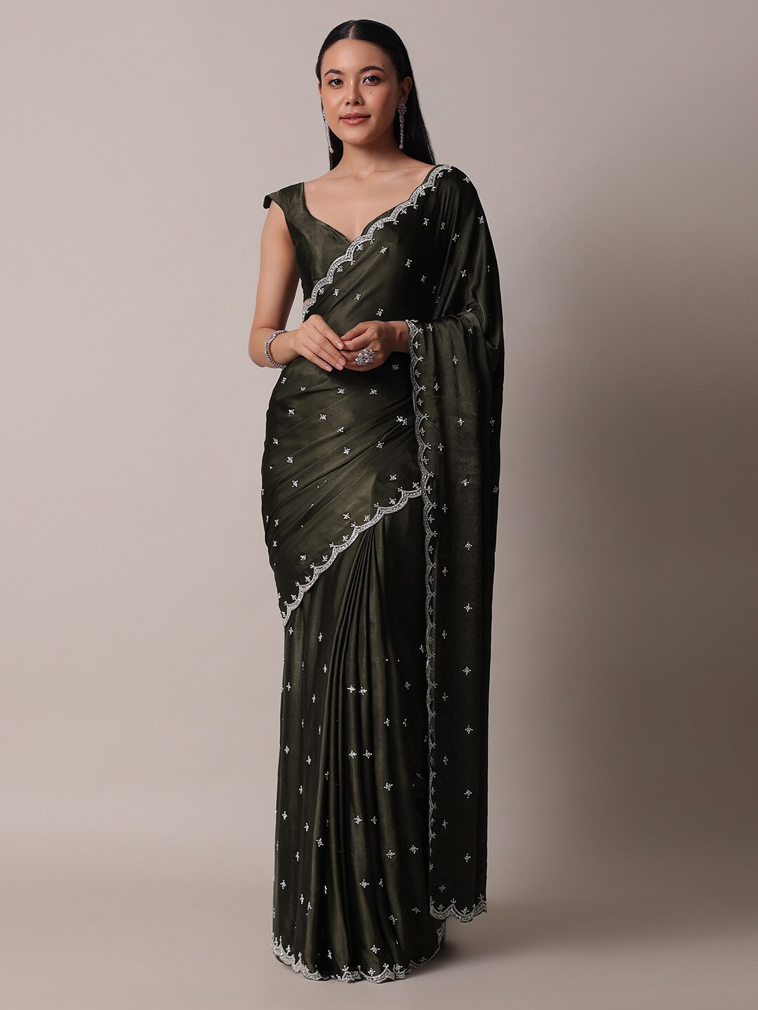 

KALKI Fashion Embellished Beads and Stones Satin Saree, Green