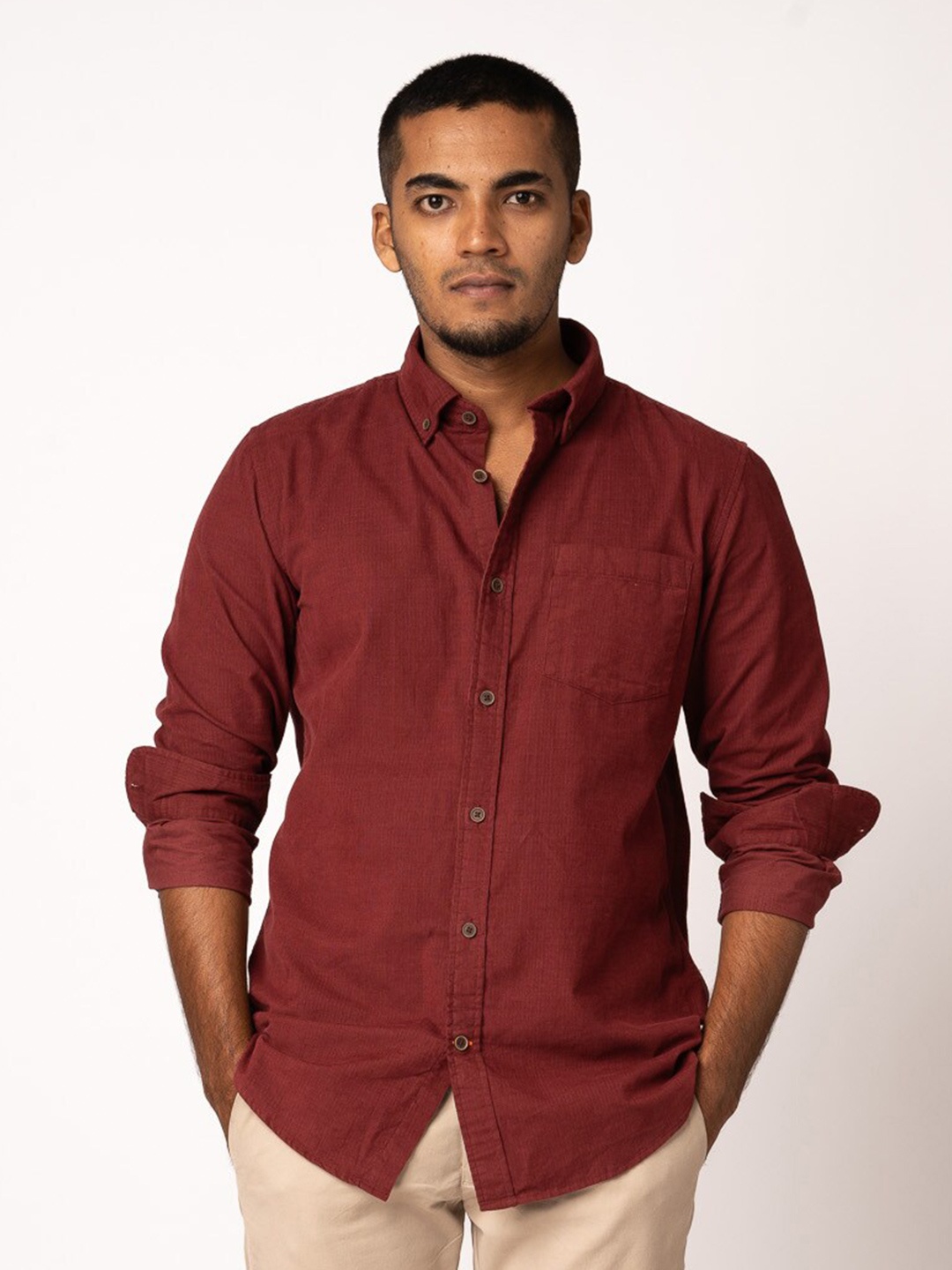 

BARE BROWN Slim Fit Opaque Casual Shirt, Maroon