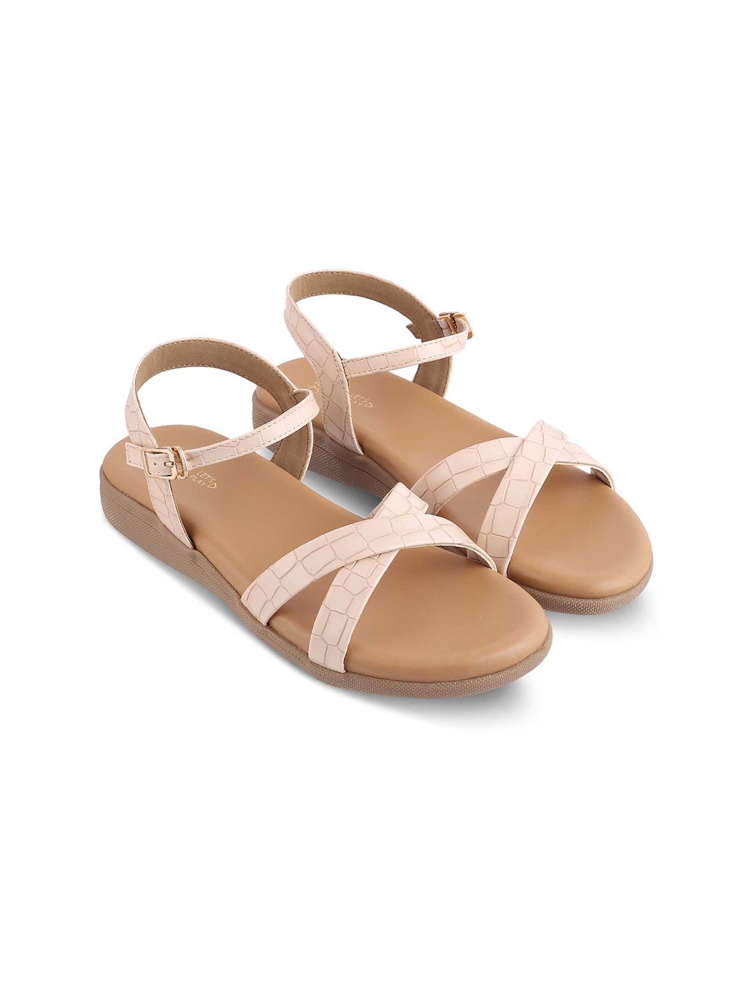 

Tresmode Textured Buckle Detail Open Toe Flats, Beige