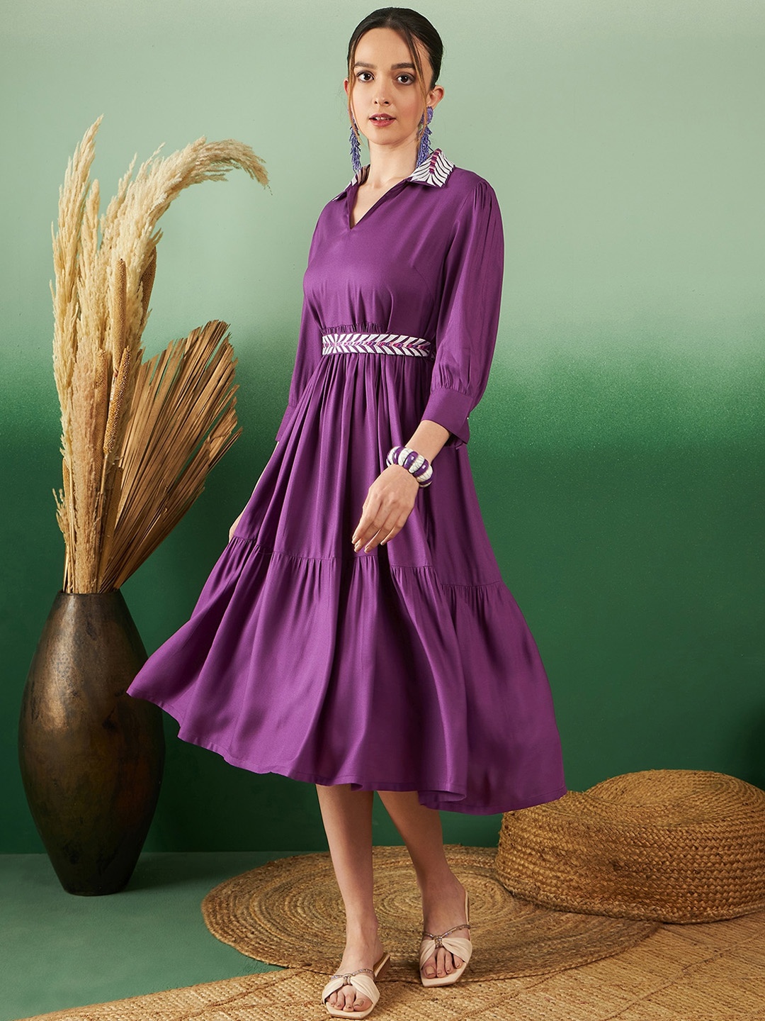 

Sangria Embroidered Fit & Flare Pure Cotton Ethnic Dress, Purple