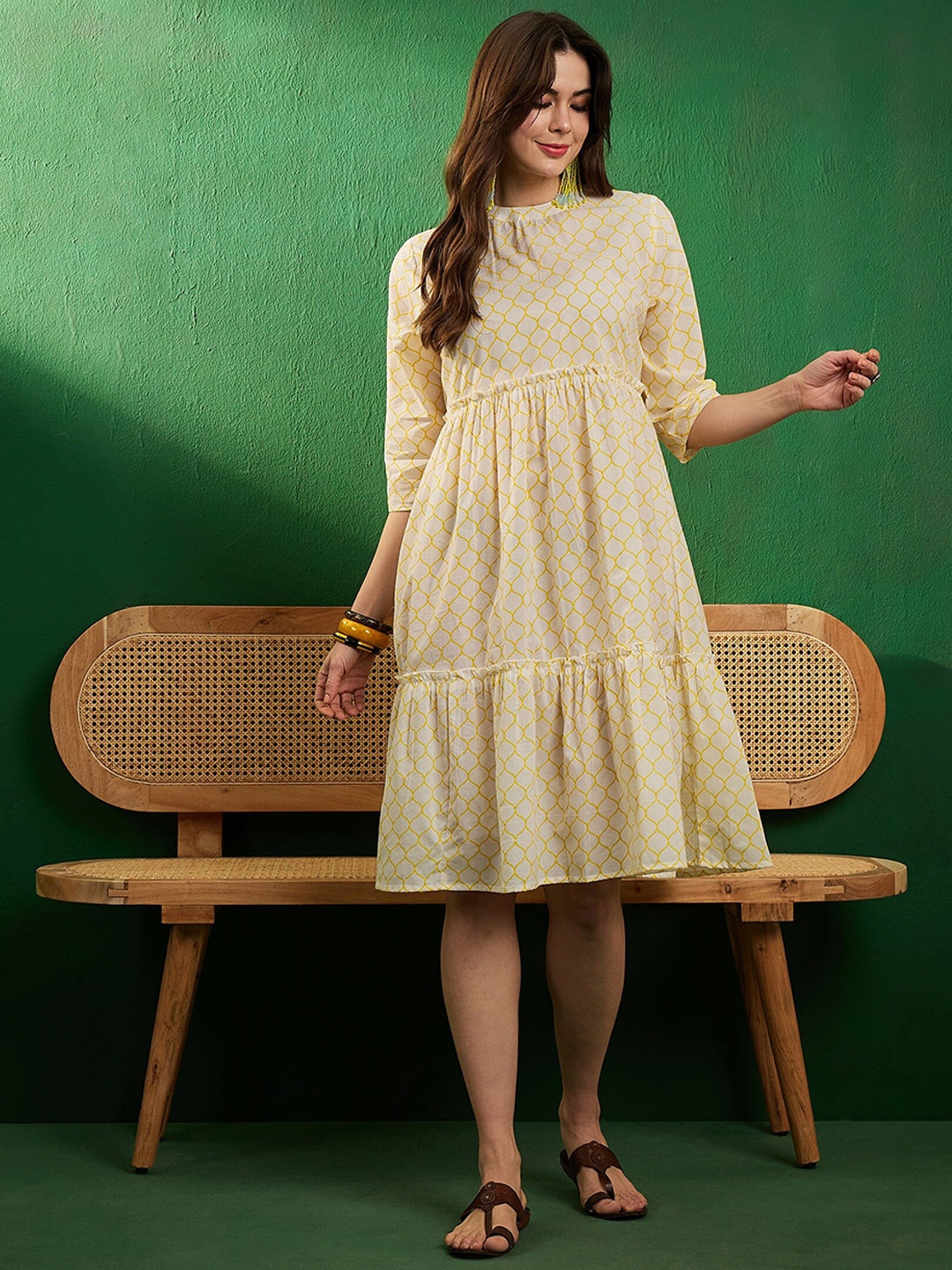 

Sangria Geometric Printed Pure Cotton Fit & Flare Ethnic Dress, Yellow