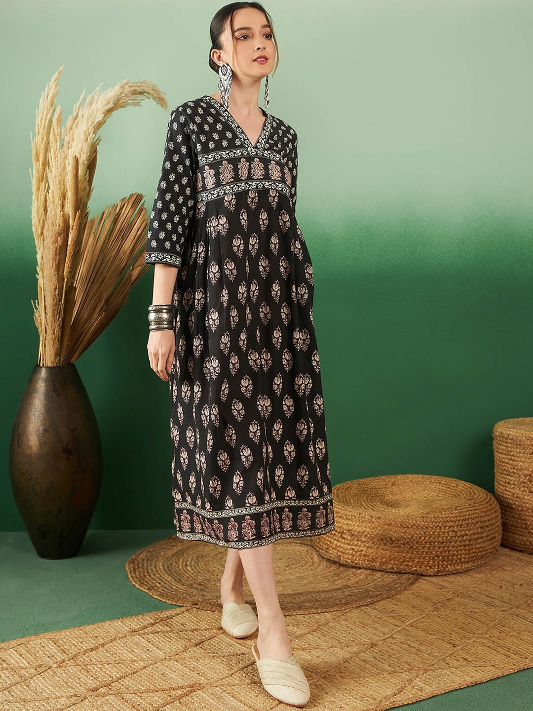 

Sangria Ethnic Motif Printed Pure Cotton A-Line Ethnic Dress, Black