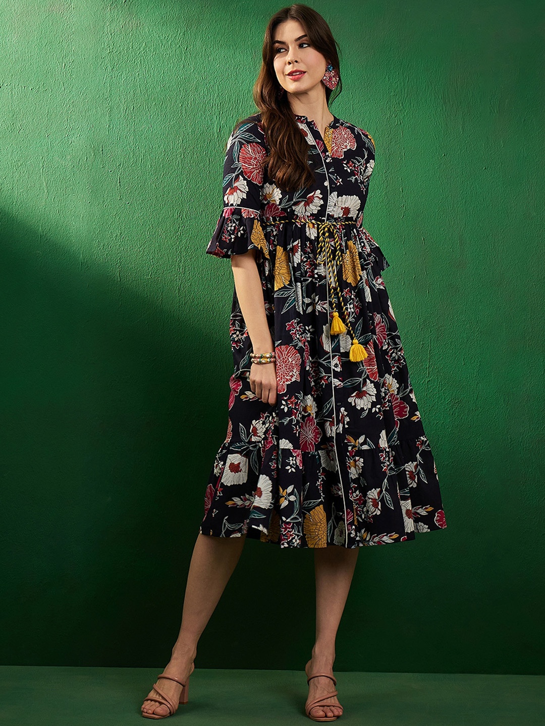 

Sangria Floral Printed Pure Cotton Fit & Flare Midi Ethnic Dress, Navy blue
