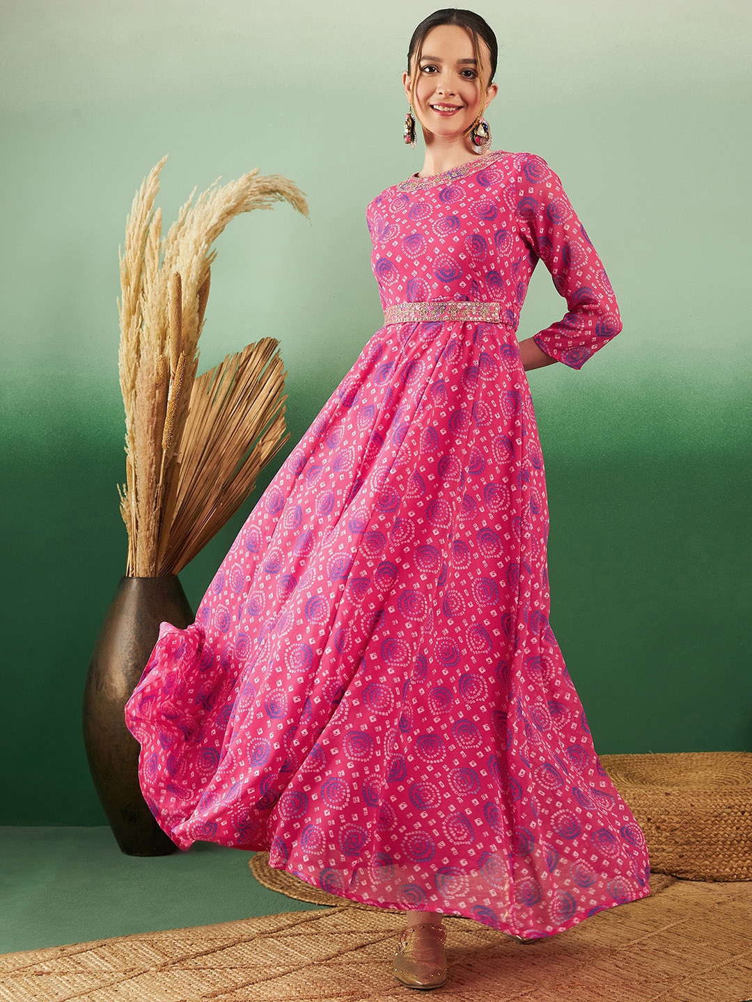 

Sangria Bandhani Printed Georgette Ethnic Maxi Fit & Flared Dress With Belted Detail, Pink