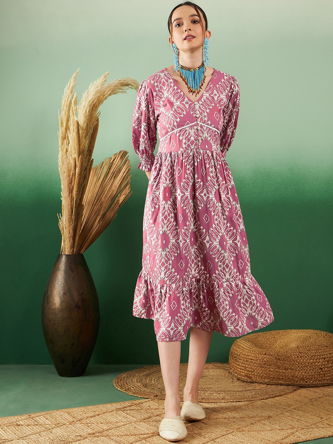 

Sangria Floral Printed Fit & Flare Midi Ethnic Dress, Peach