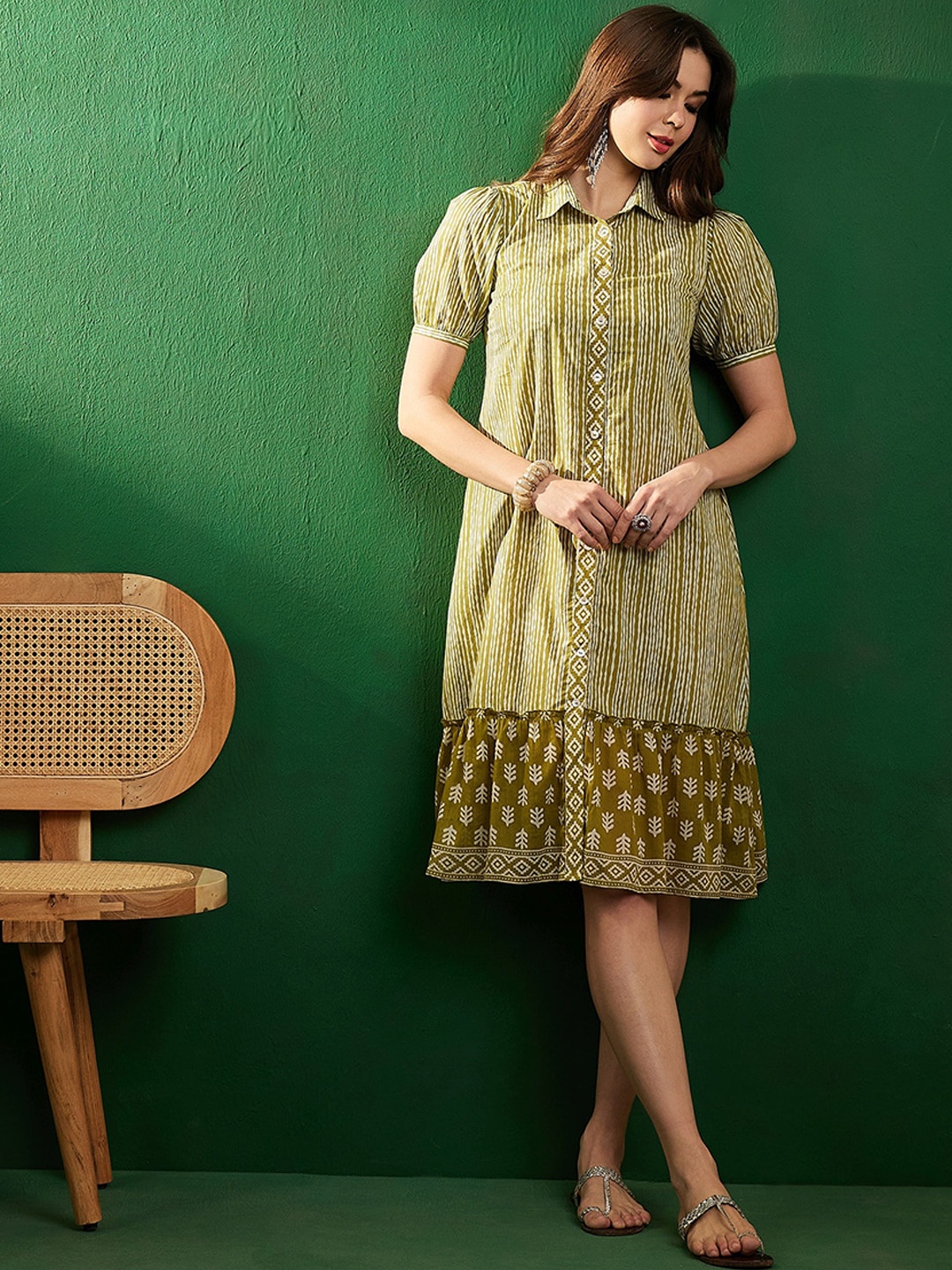 

Sangria Floral Printed A-Line Ethnic Dress, Green