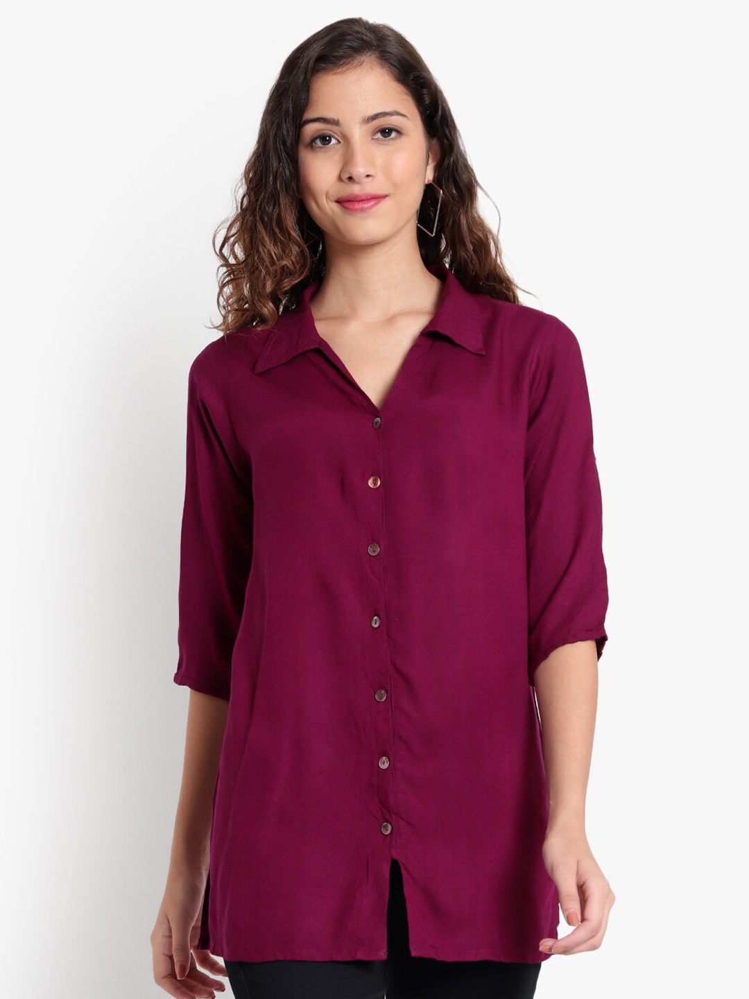 

Indietoga Classic Spread Collar Longline Casual Shirt, Burgundy