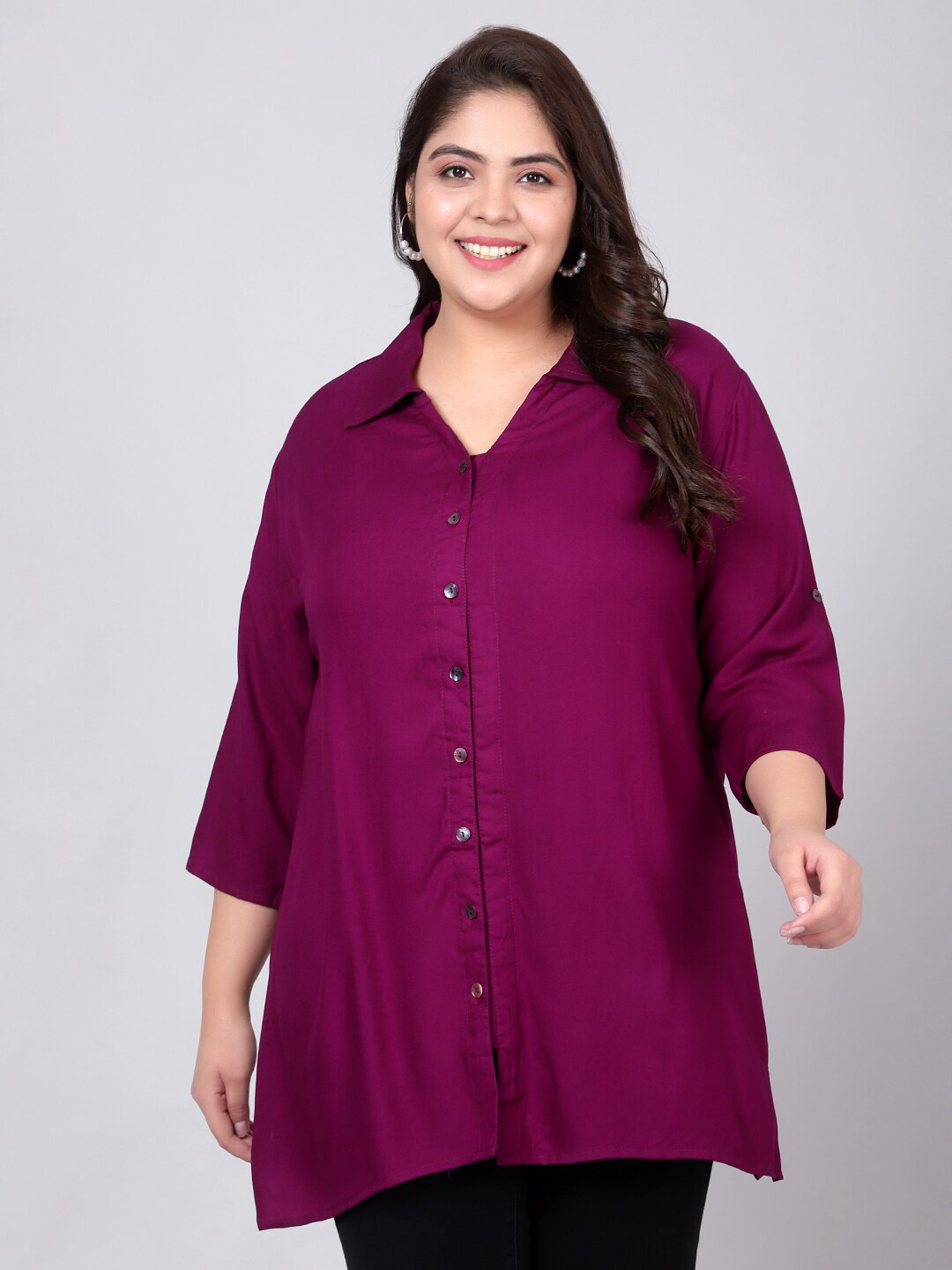 

Indietoga Plus Size Classic Spread Collar Longline Casual Shirt, Burgundy