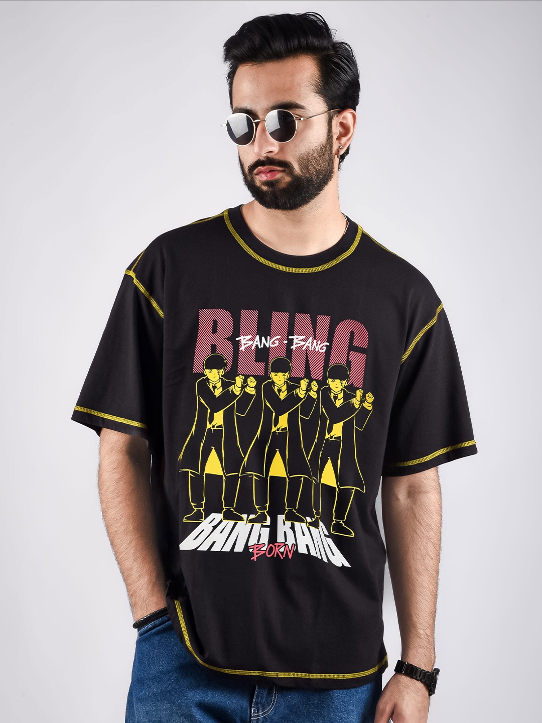 

COMICSENSE Bling Bank Anime Printed Pure Cotton Oversize T-shirt, Black