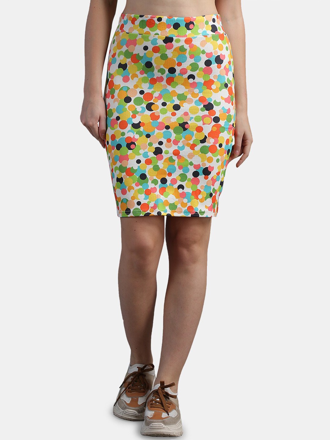 

N-Gal Dots Printed Pencil Knee Length Skirt, Yellow