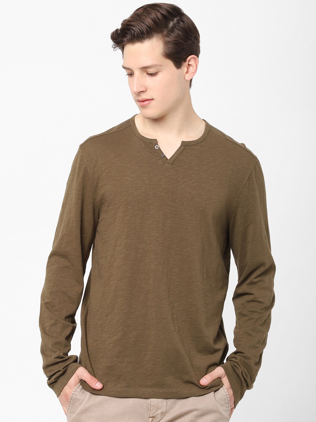 

Celio Henley Neck Cotton T-Shirt, Olive