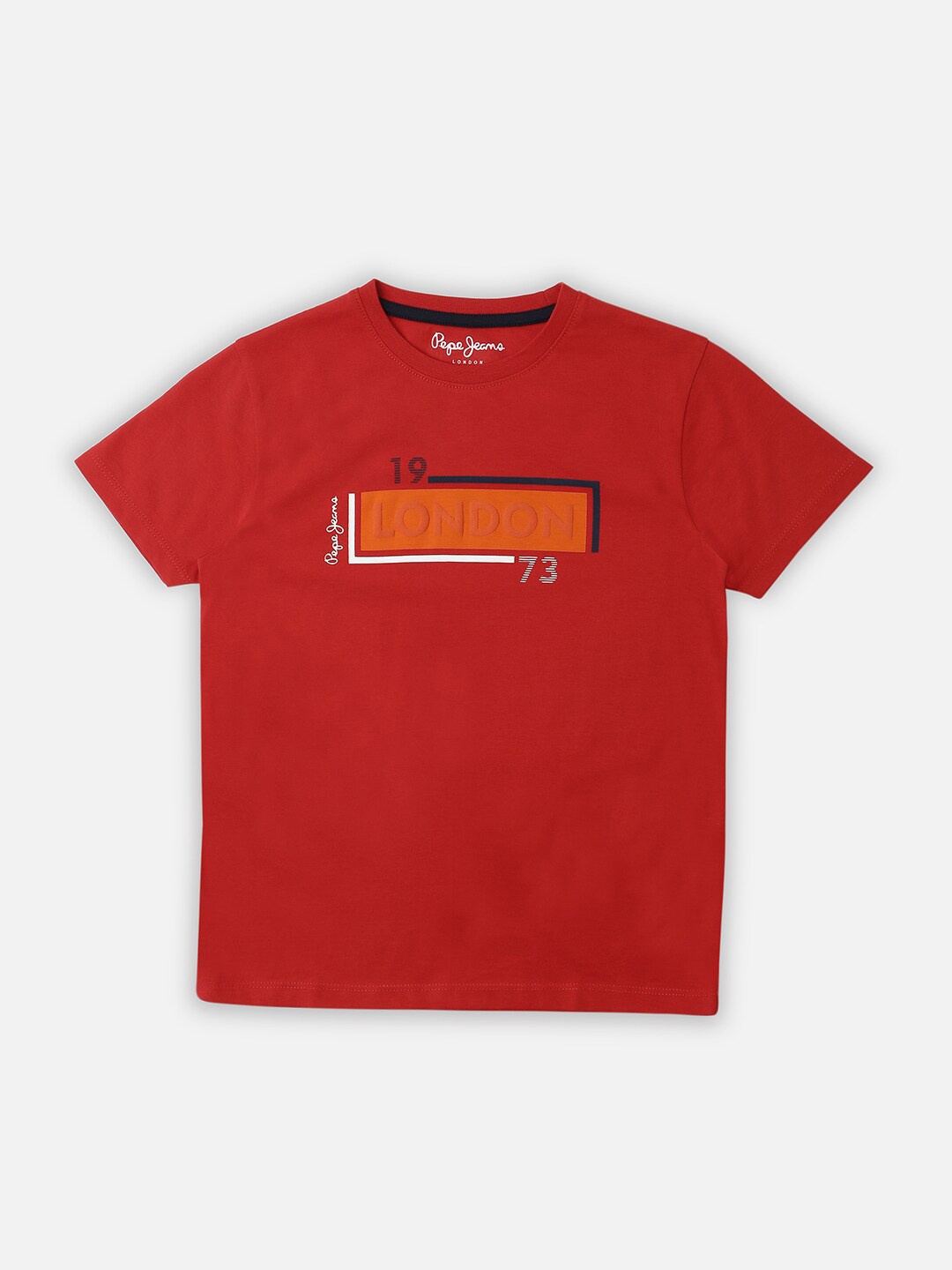 

Pepe Jeans Boys Troy Typography Printed Round Neck Pure Cotton T-shirt, Red