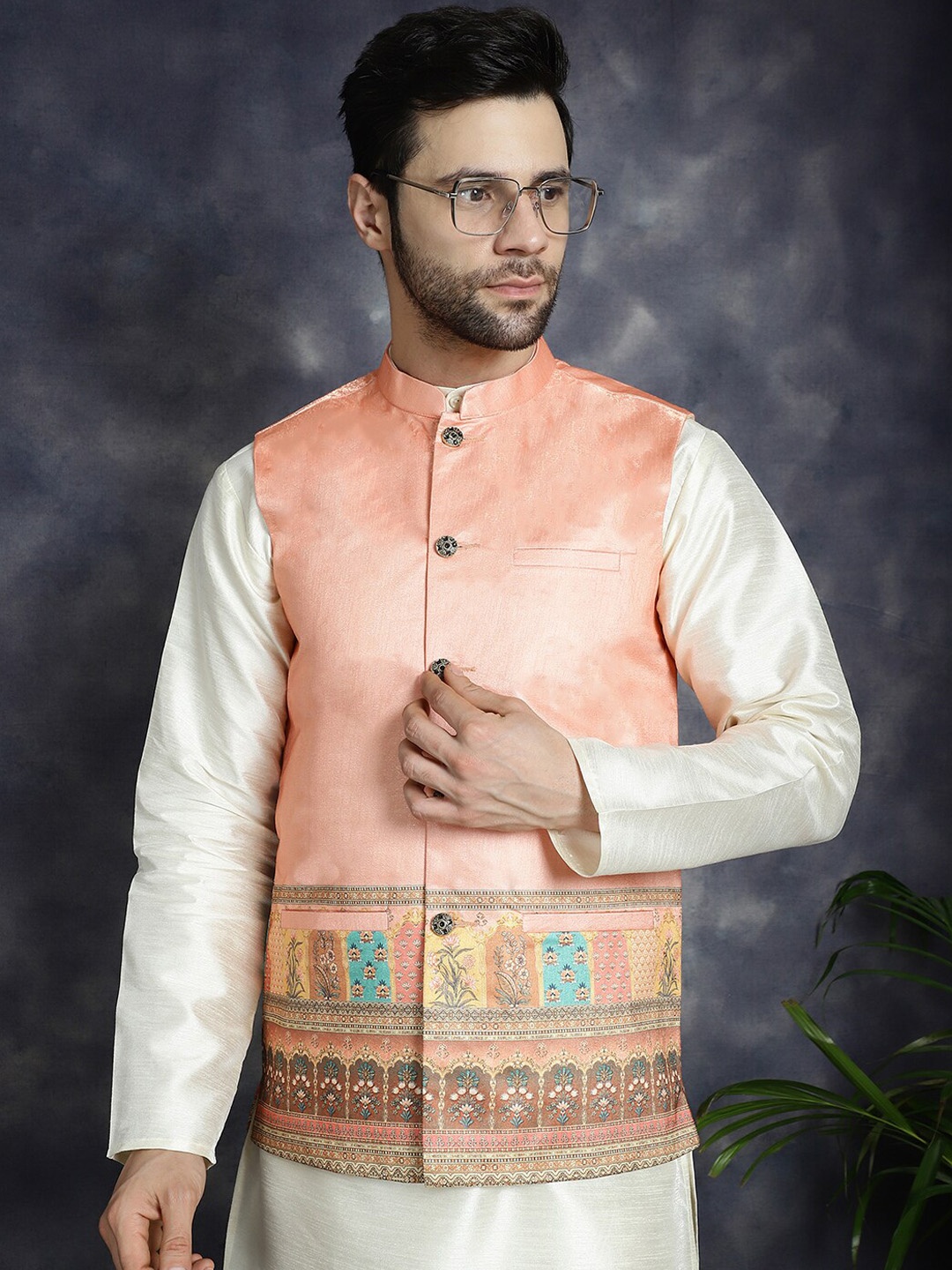 

Jompers Printed Satin Nehru Jacket, Peach