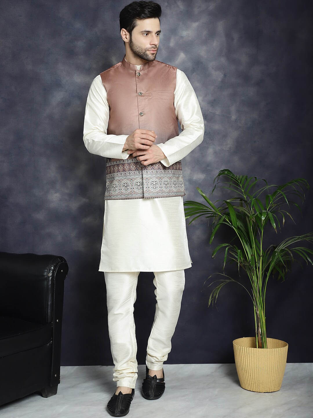 

Jompers Printed Satin Nehru Jacket, Brown