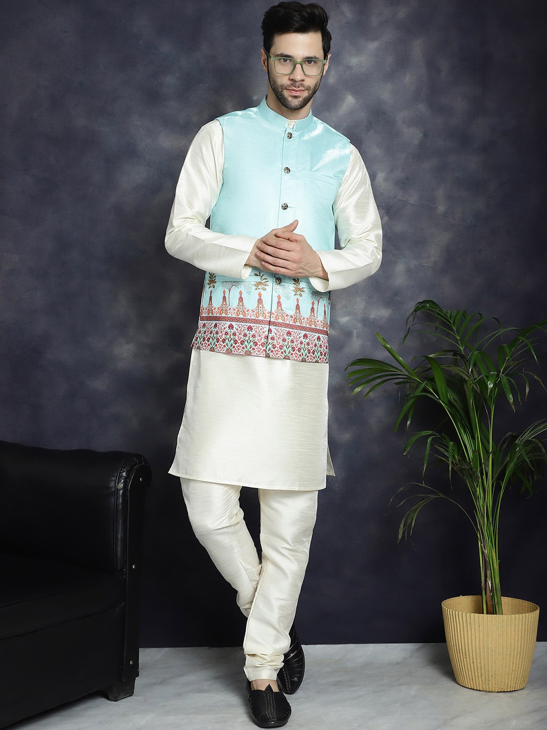 

Jompers Printed Satin Nehru Jacket, Turquoise blue