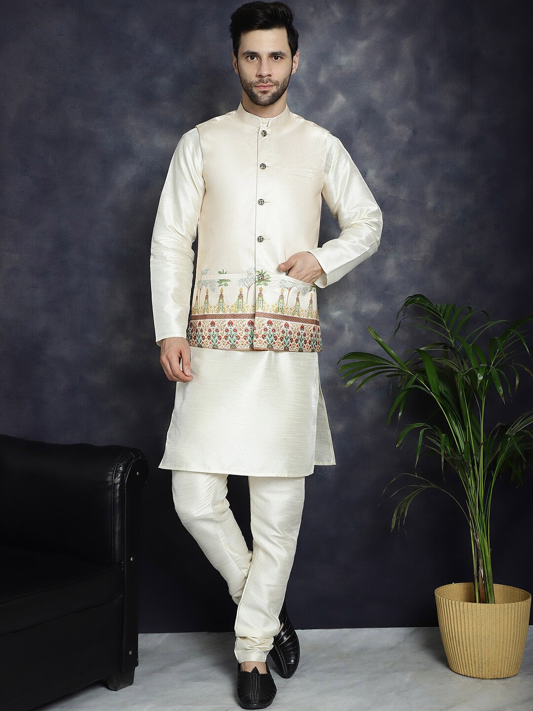 

Jompers Printed Satin Nehru Jacket, Gold