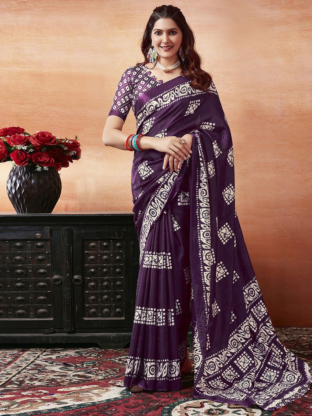 

KALINI Geometric Printed Saree, Purple