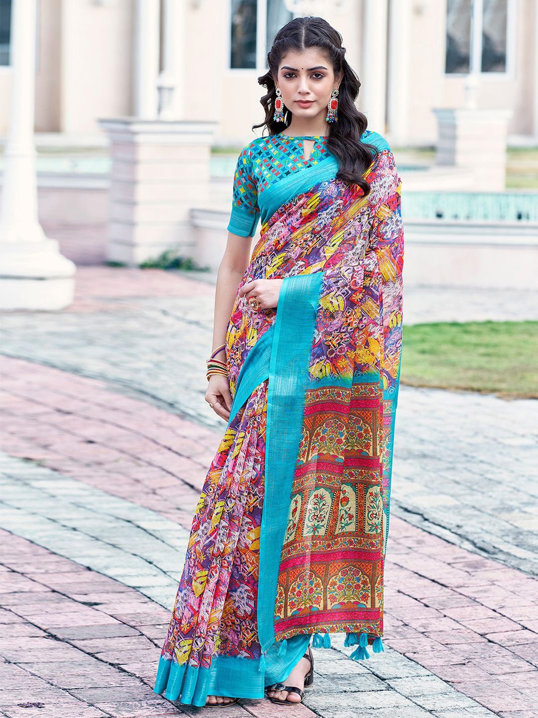 

KALINI Floral Printed Zari Saree, Blue