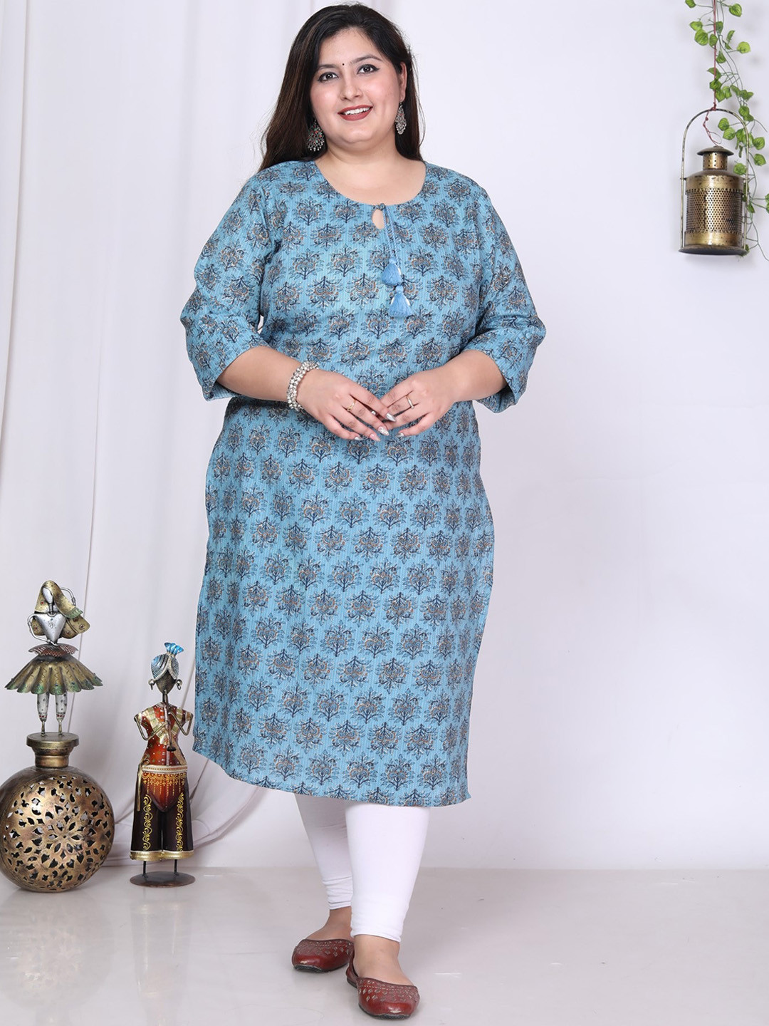

KALINI Plus Size Floral Printed Pure Cotton Kurta, Blue