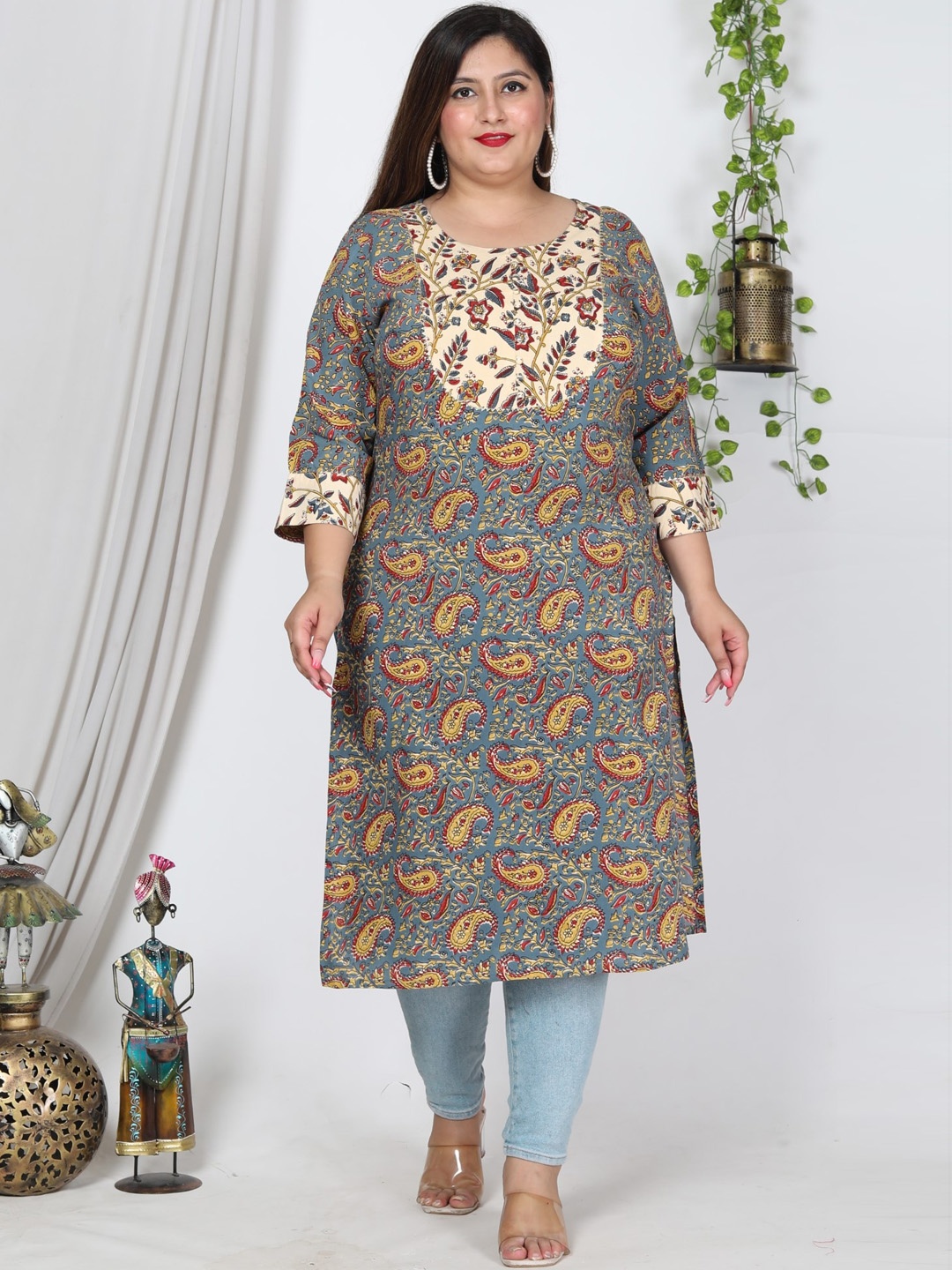 

KALINI Plus Size Paisley Printed Straight Kurta, Blue