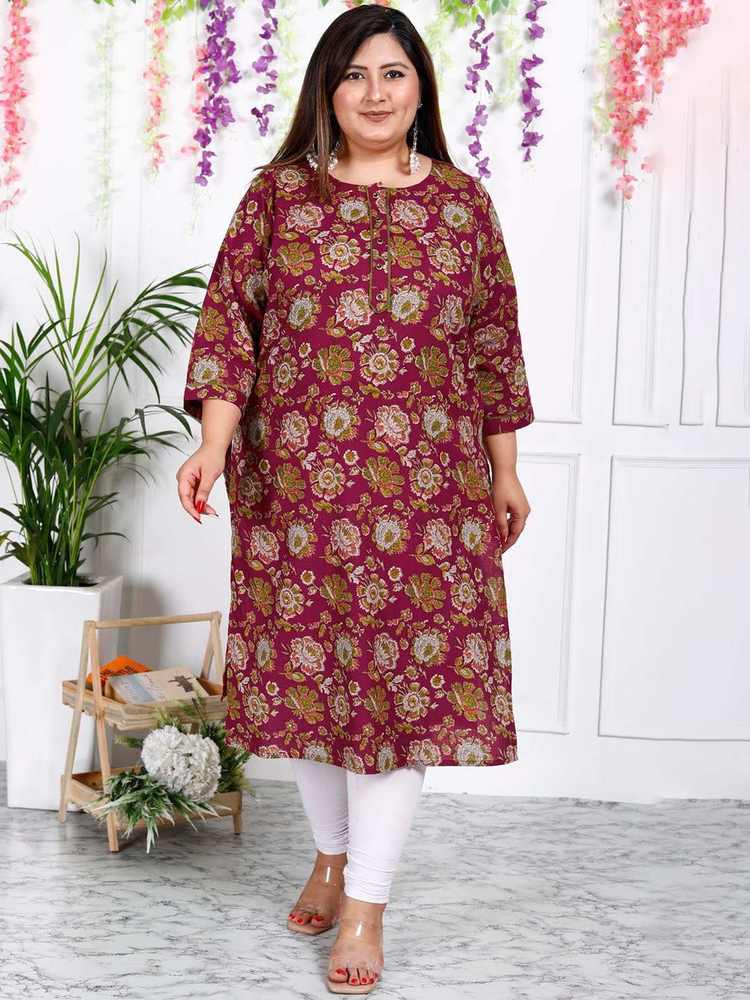 

KALINI Plus Size Floral Printed Pure Cotton Kurta, Maroon