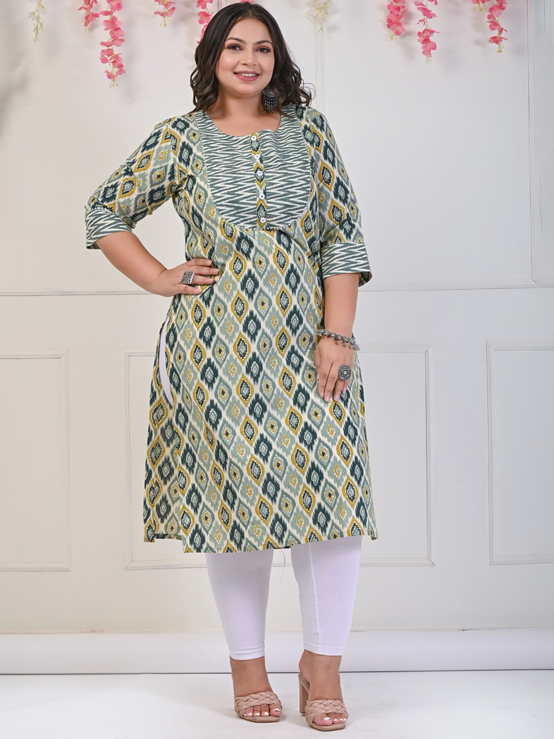 

KALINI Plus Size Ethnic Motifs Printed Pure Cotton Kurta, Green