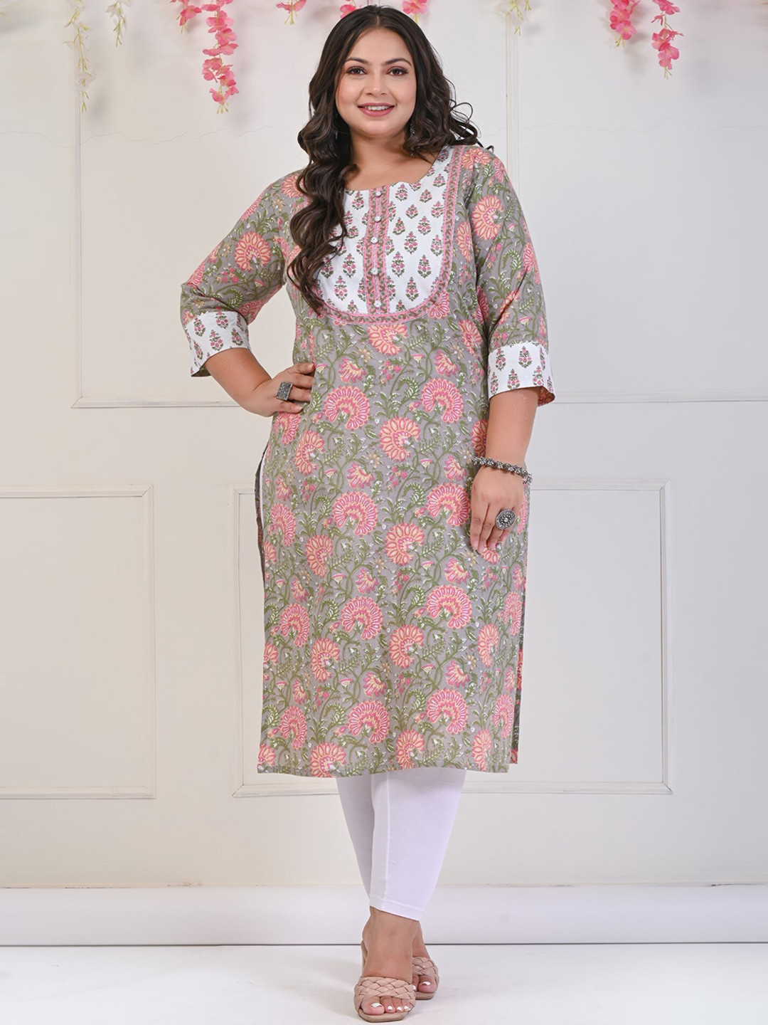 

KALINI Plus Size Floral Printed Round Neck Cotton Straight Kurta, Grey