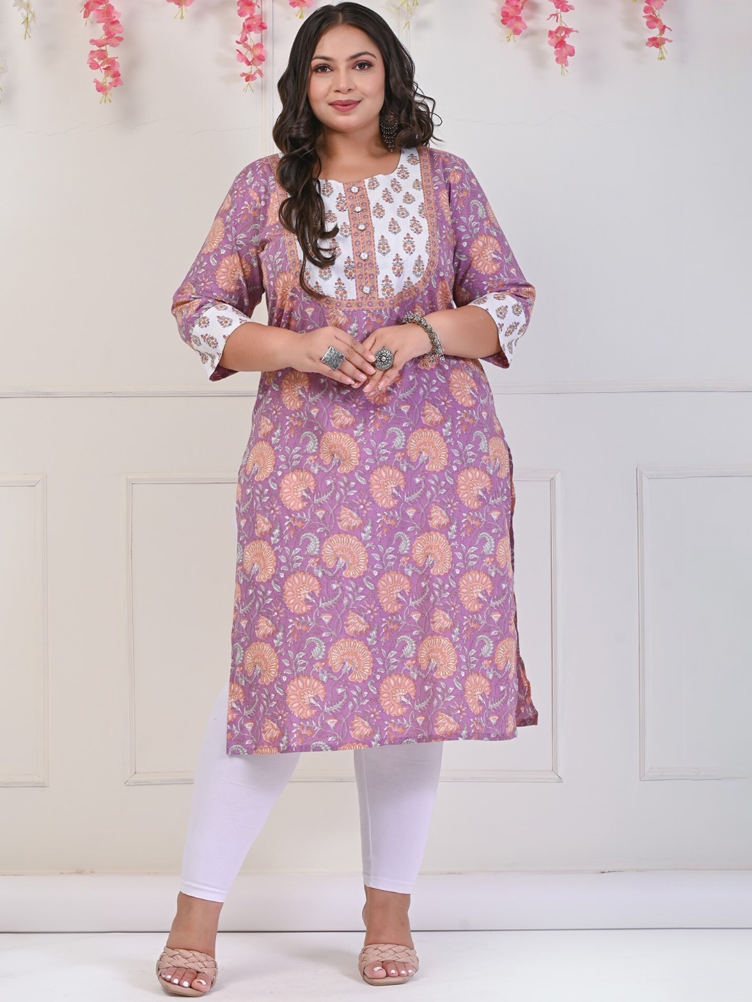 

KALINI Plus Size Floral Printed Round Neck Cotton Straight Kurta, Purple