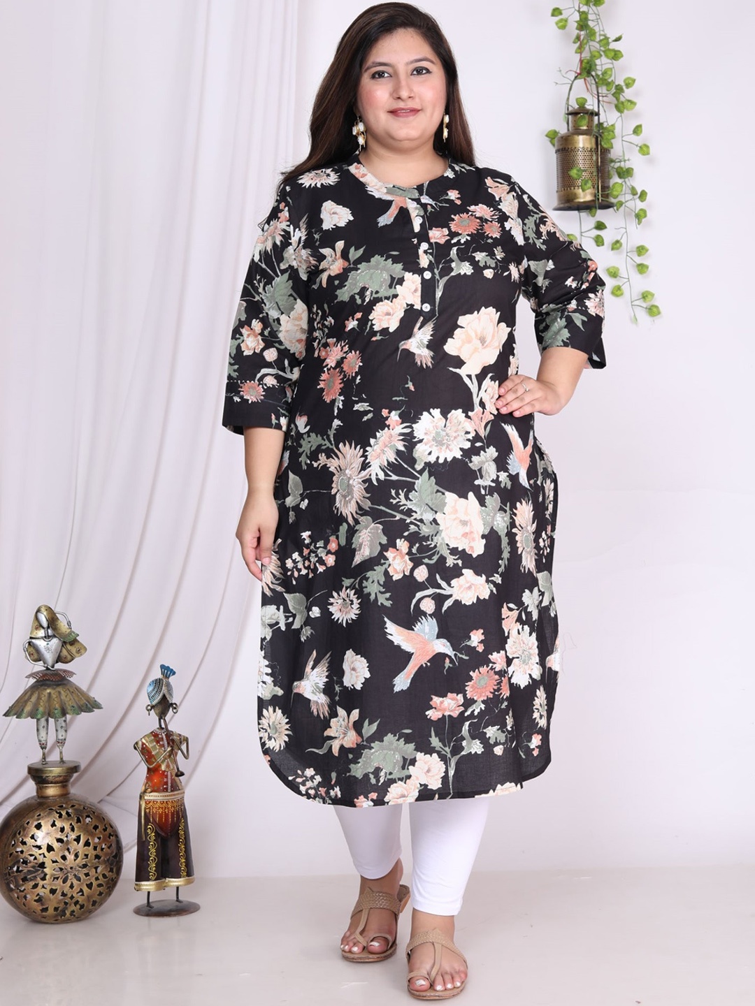 KALINI Plus Size Floral Printed Band Collar Cotton Straight Kurta, Black