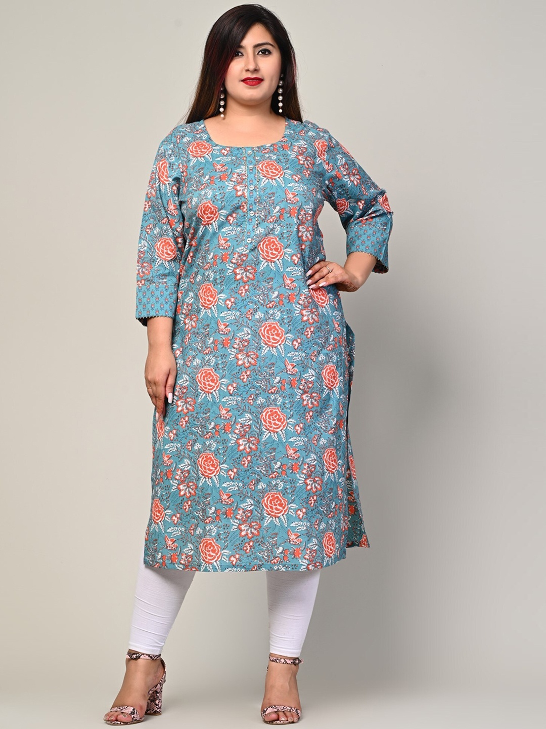 

KALINI Plus Size Floral Printed Round Neck Gotta Patti Cotton Straight Kurta, Blue