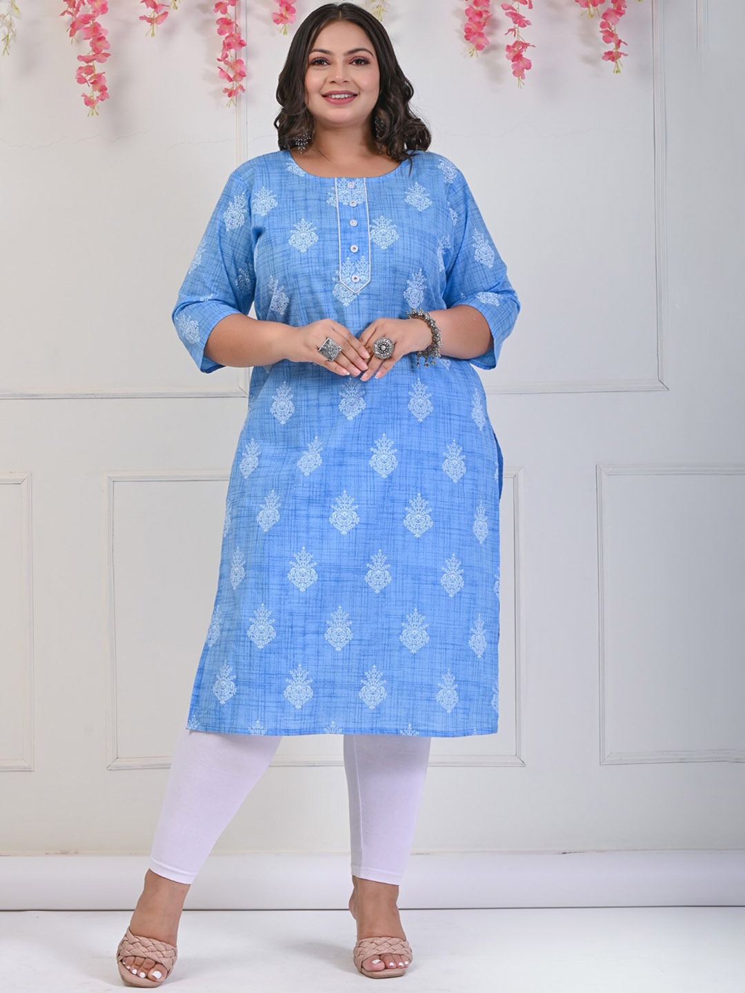 

KALINI Plus Size Ethnic Motifs Printed Round Neck Cotton Straight Kurta, Blue