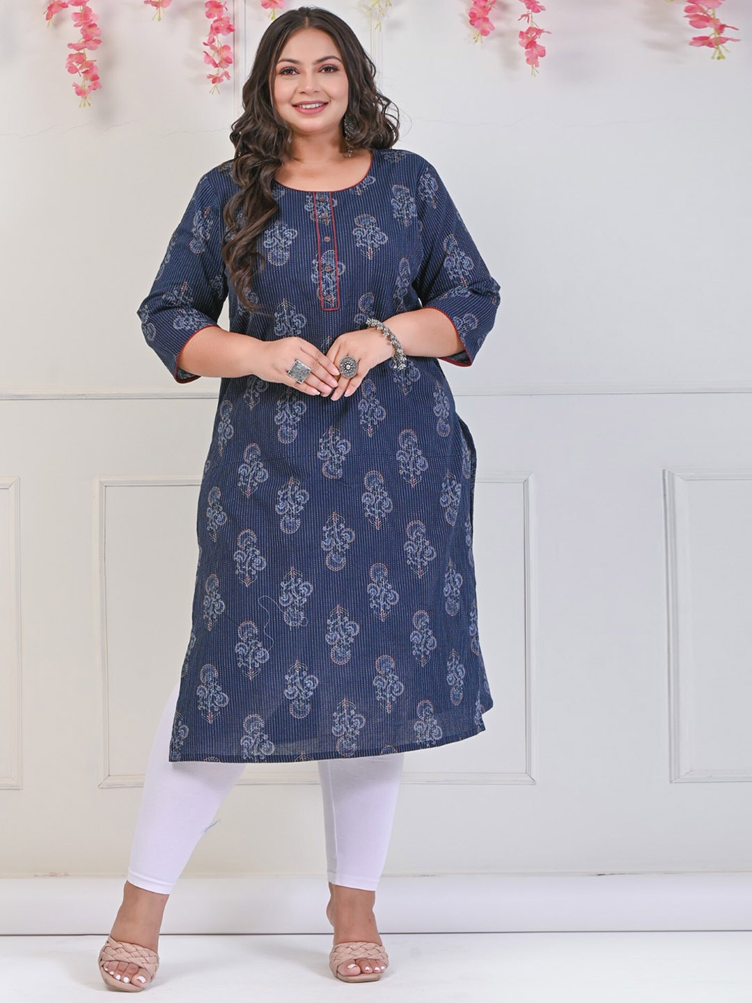 KALINI Plus Size Ethnic Motifs Printed Round Neck Cotton Straight Kurta, Navy blue