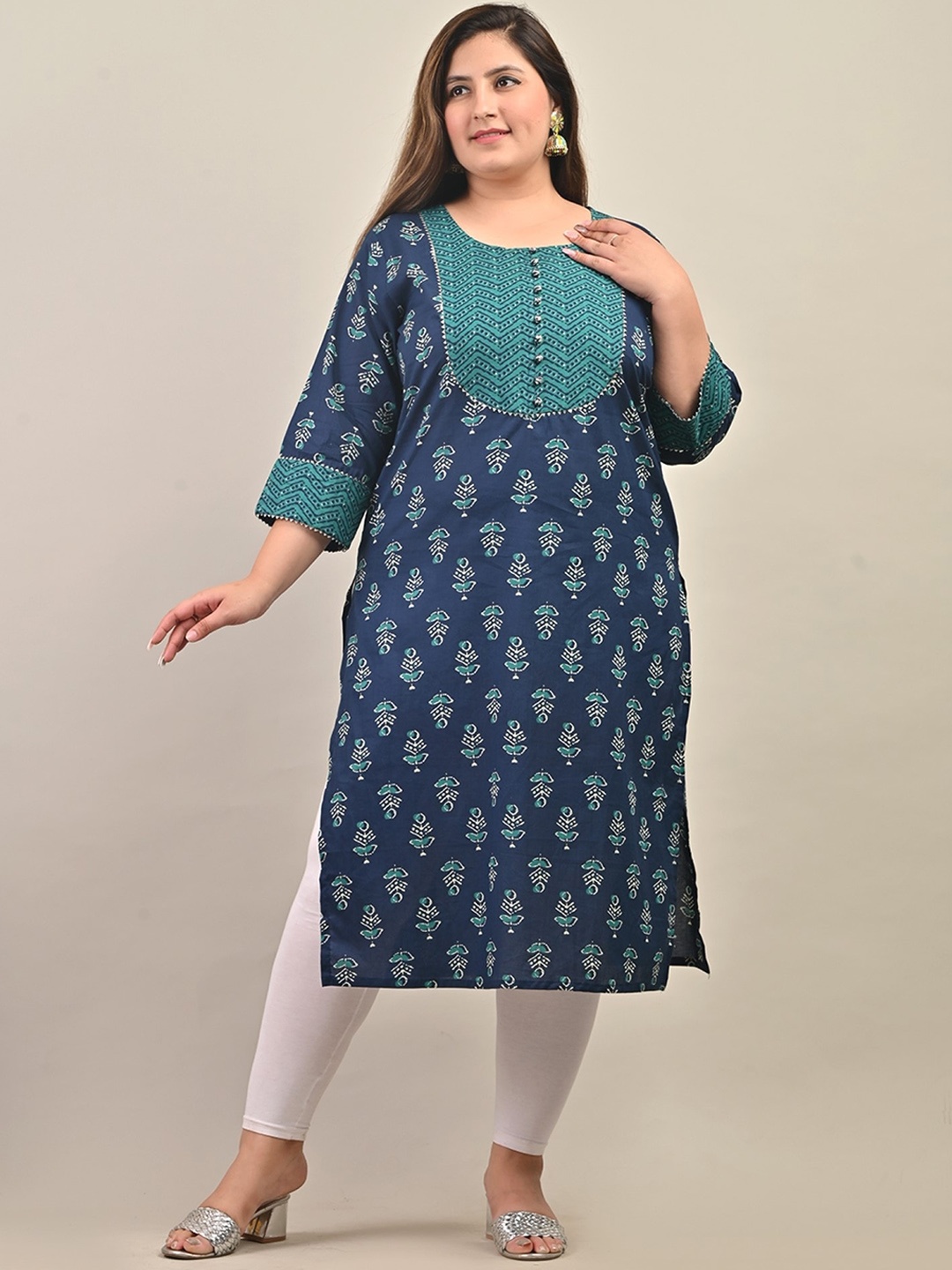 

KALINI Plus Size Ethnic Motifs Printed Round Neck Gotta Patti Cotton Straight Kurta, Blue
