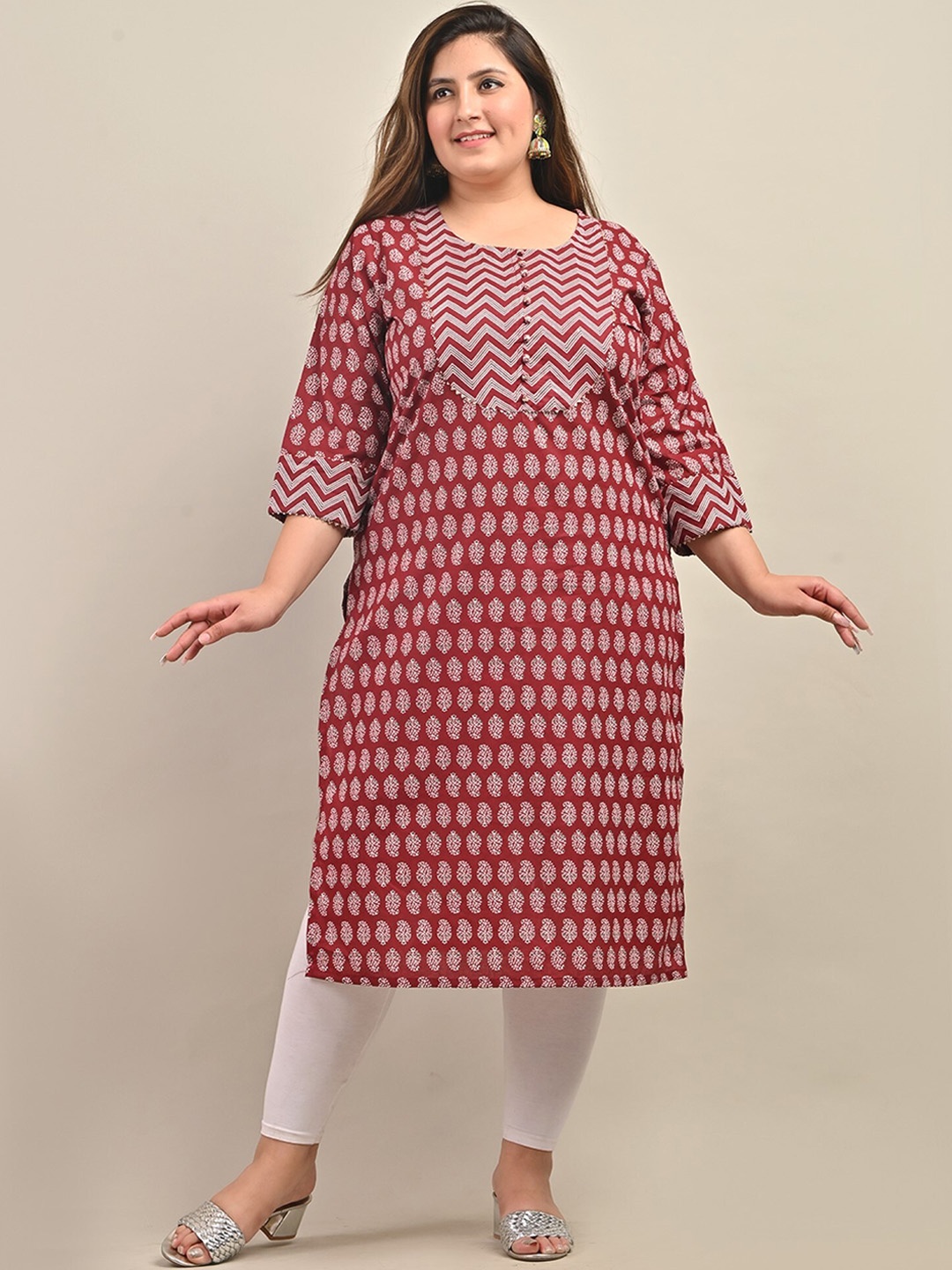 

KALINI Plus Size Ethnic Motifs Printed Pure Cotton Kurta, Maroon